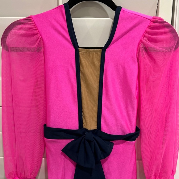 Pink Jumpsuit Dance Costume with Navy Bow - Picture 2 of 4